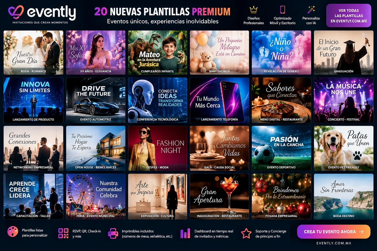 Catálogo premium de invitaciones Evently