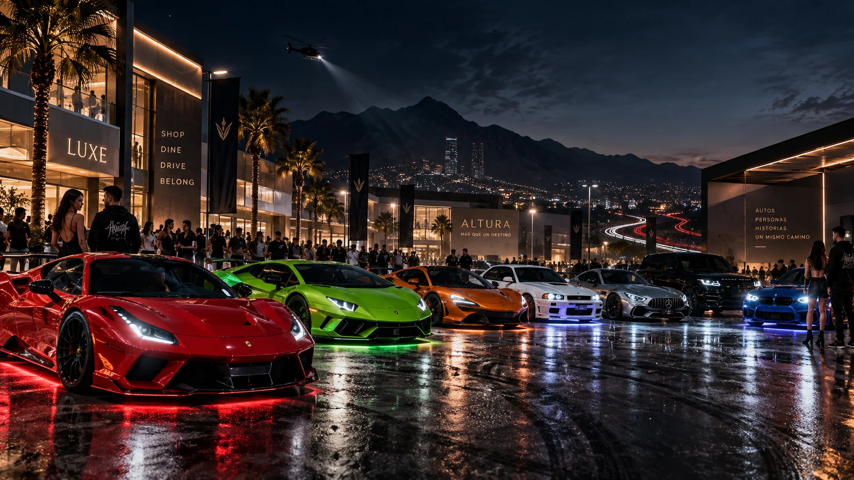 Convoy nocturno de autos exóticos rumbo a la pista