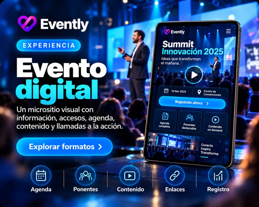 Evento digital Evently: micrositio visual para agenda, accesos, contenido y registro