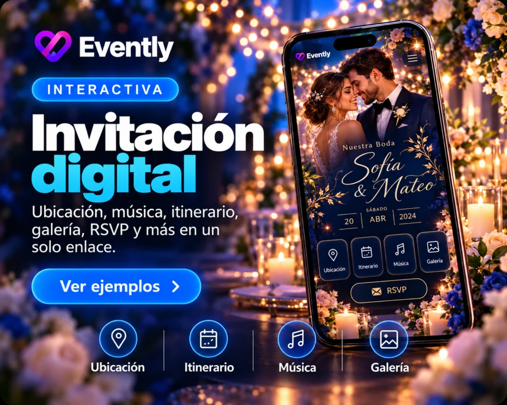 Invitación digital interactiva Evently con ubicación, música, itinerario, galería y RSVP