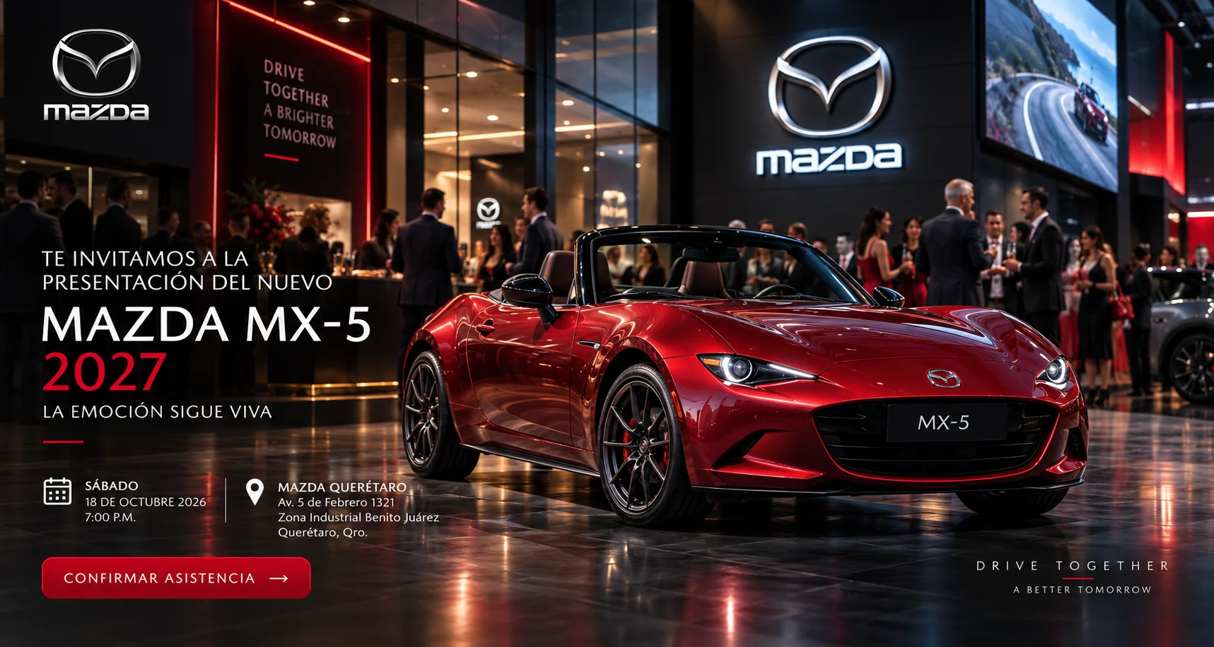 Itinerario visual de Mazda MX-5 2027 · Presentación Querétaro
