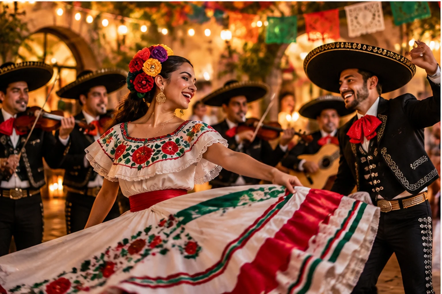 Personas bailando y celebrando una fiesta mexicana