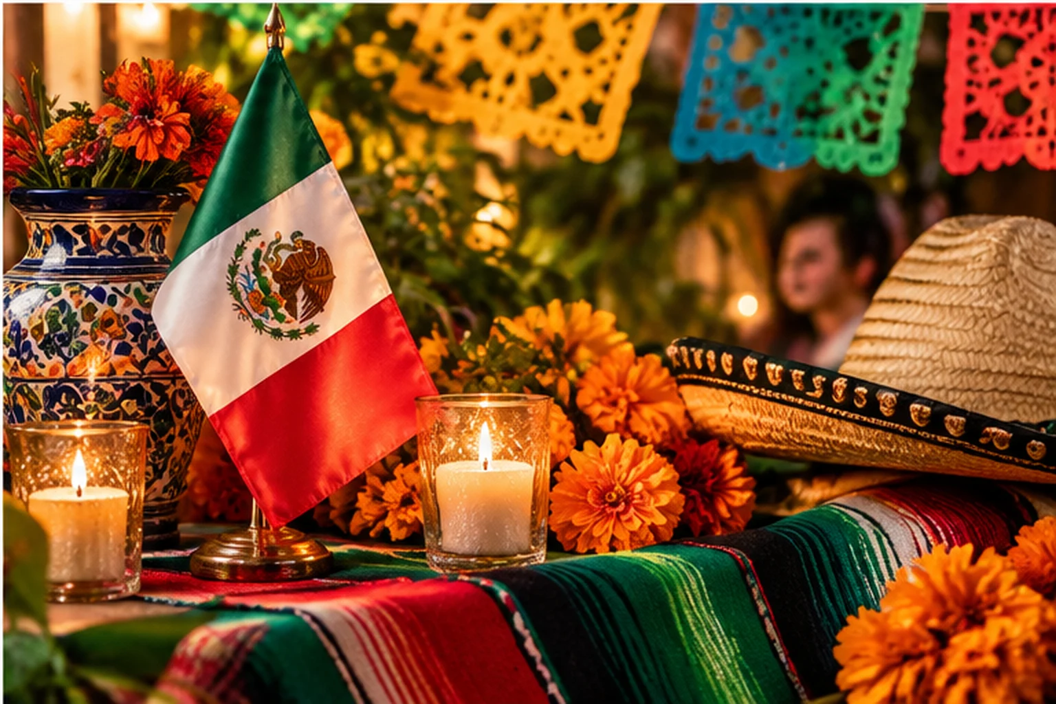 Decoracion mexicana con bandera y papel picado