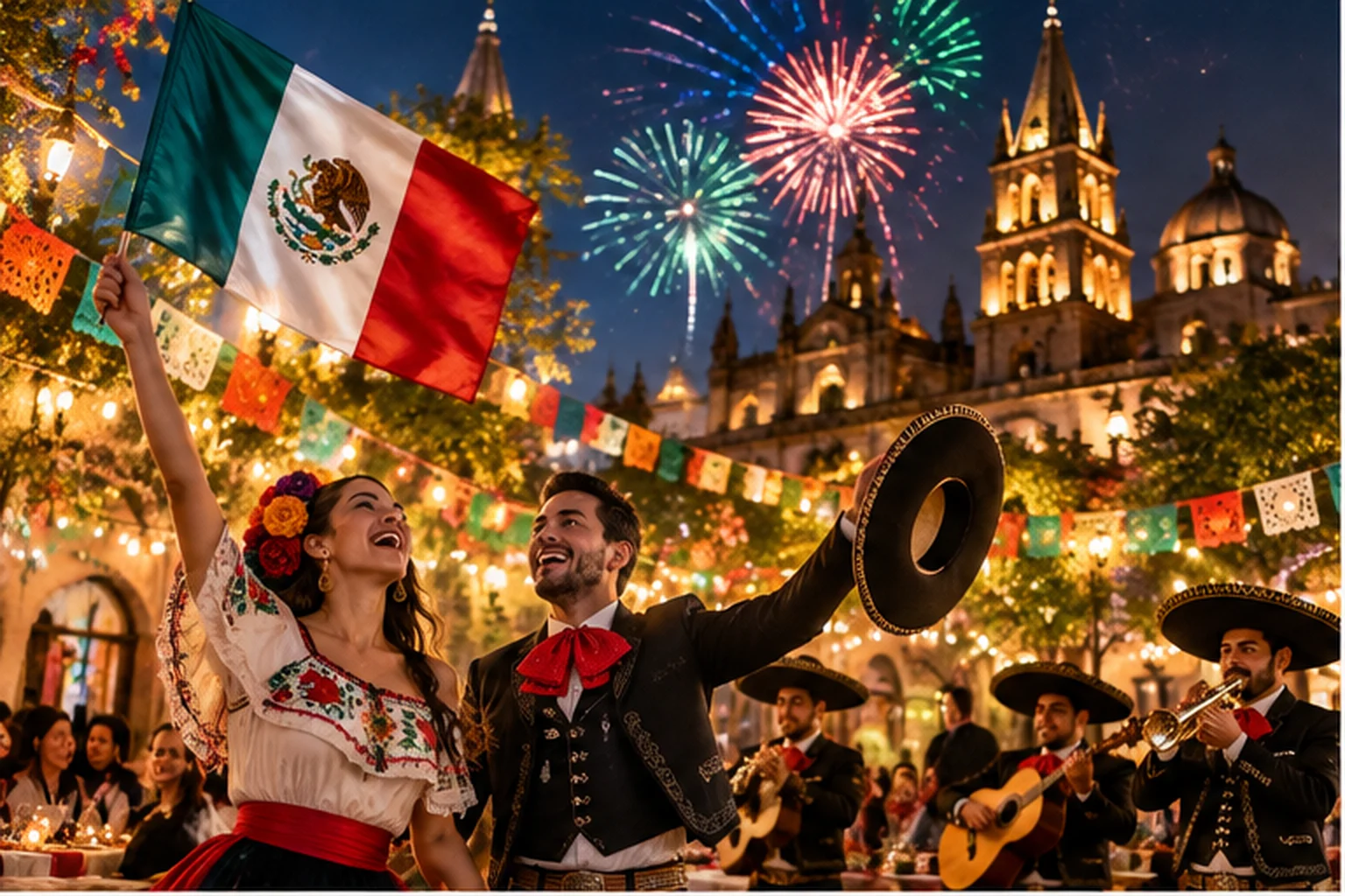Celebracion mexicana con bandera, mariachi y fuegos artificiales