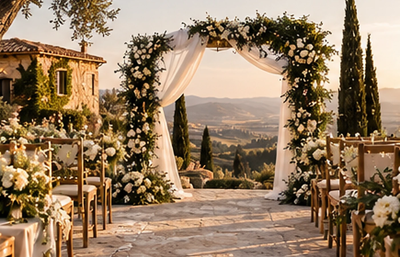Ceremonia de boda elegante con flores y luz cálida