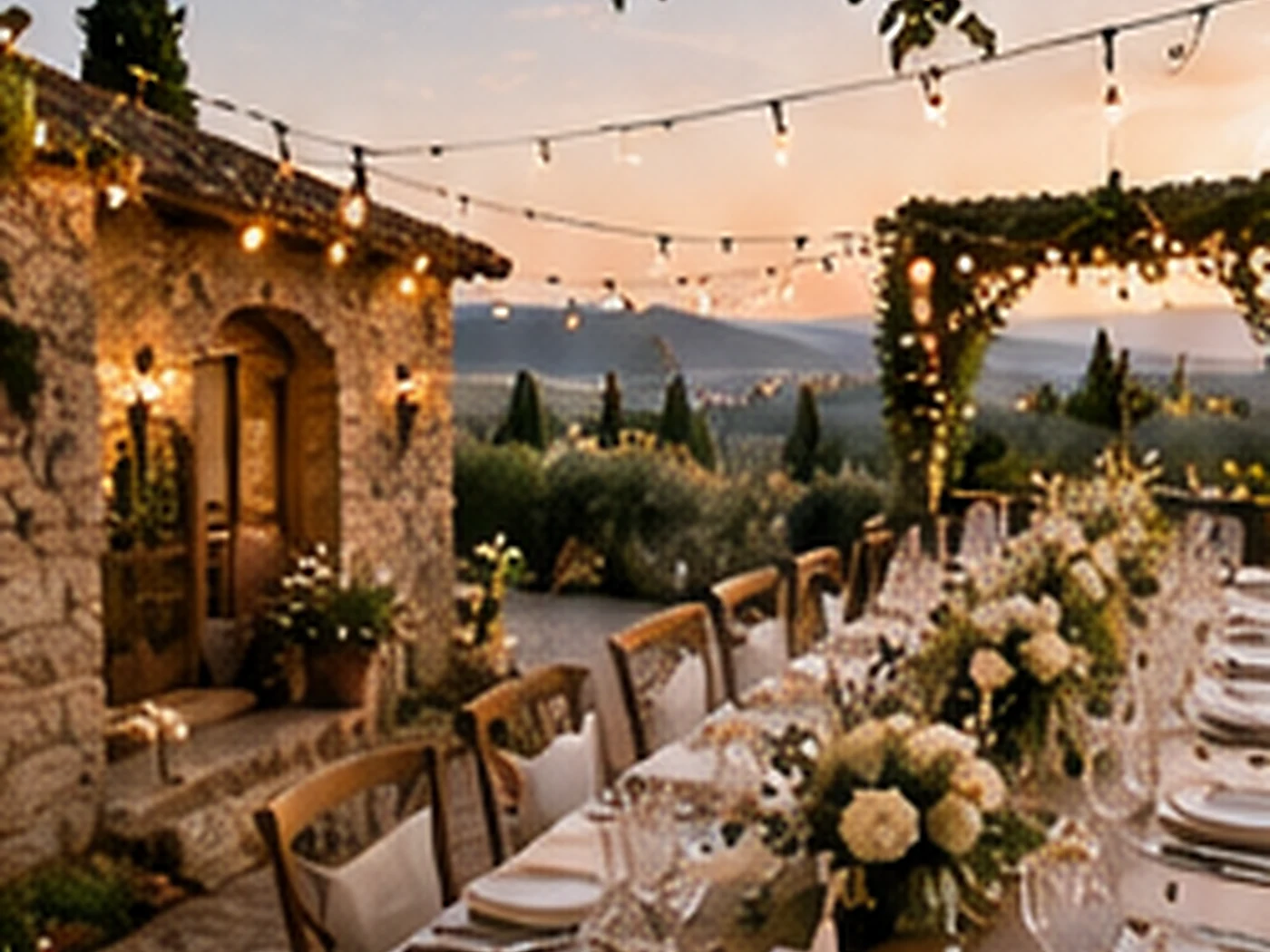 Recepción de boda con iluminación cálida y arreglos florales