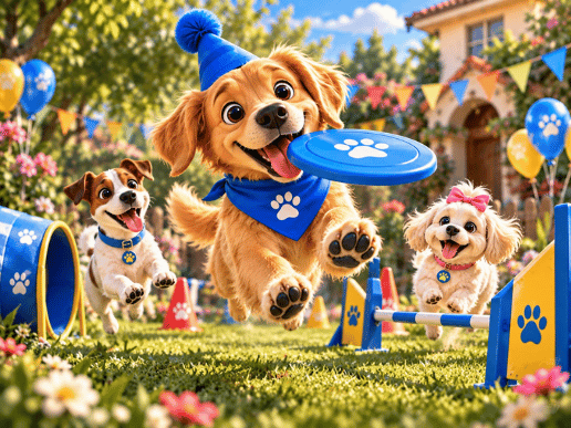 Max y sus amigos jugando con frisbee y obstáculos