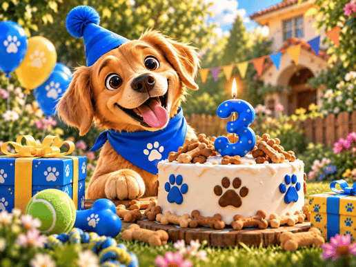 Max junto a su pastel perruno de cumpleaños