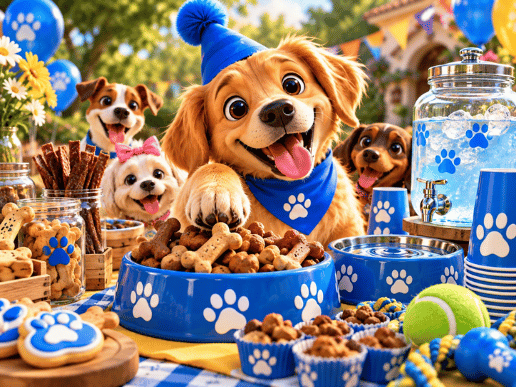 Mesa de snacks y bebidas para perritos
