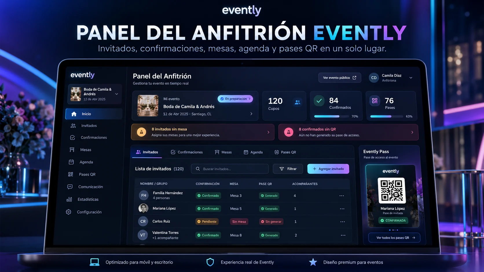 Panel del Anfitrión Evently con invitados, confirmaciones, mesas y pases QR