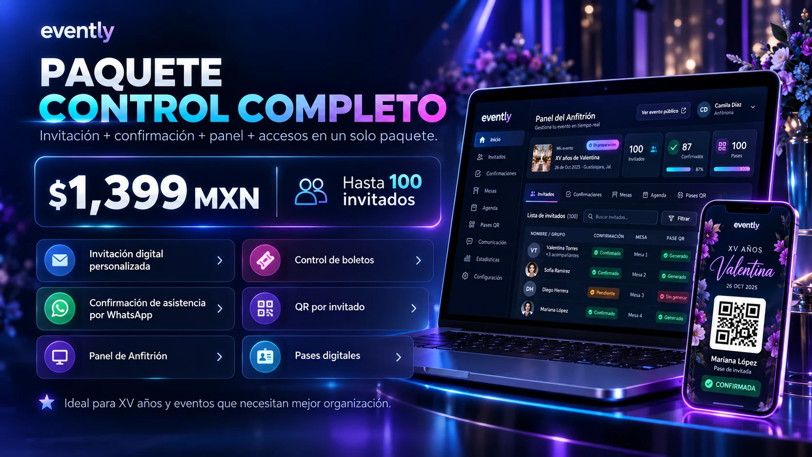 Paquete Control Completo Evently por 1,399 pesos, hasta 100 invitados