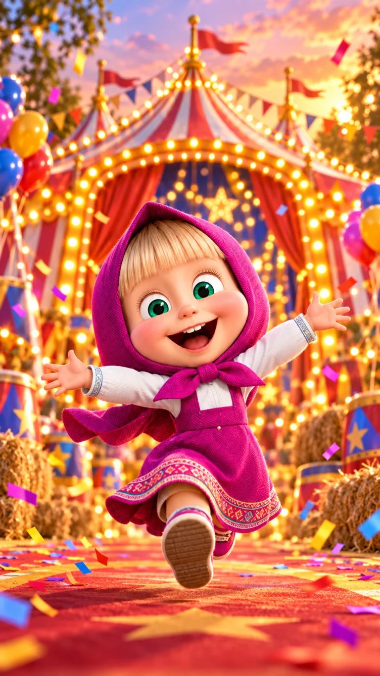 Masha corriendo feliz hacia el circo