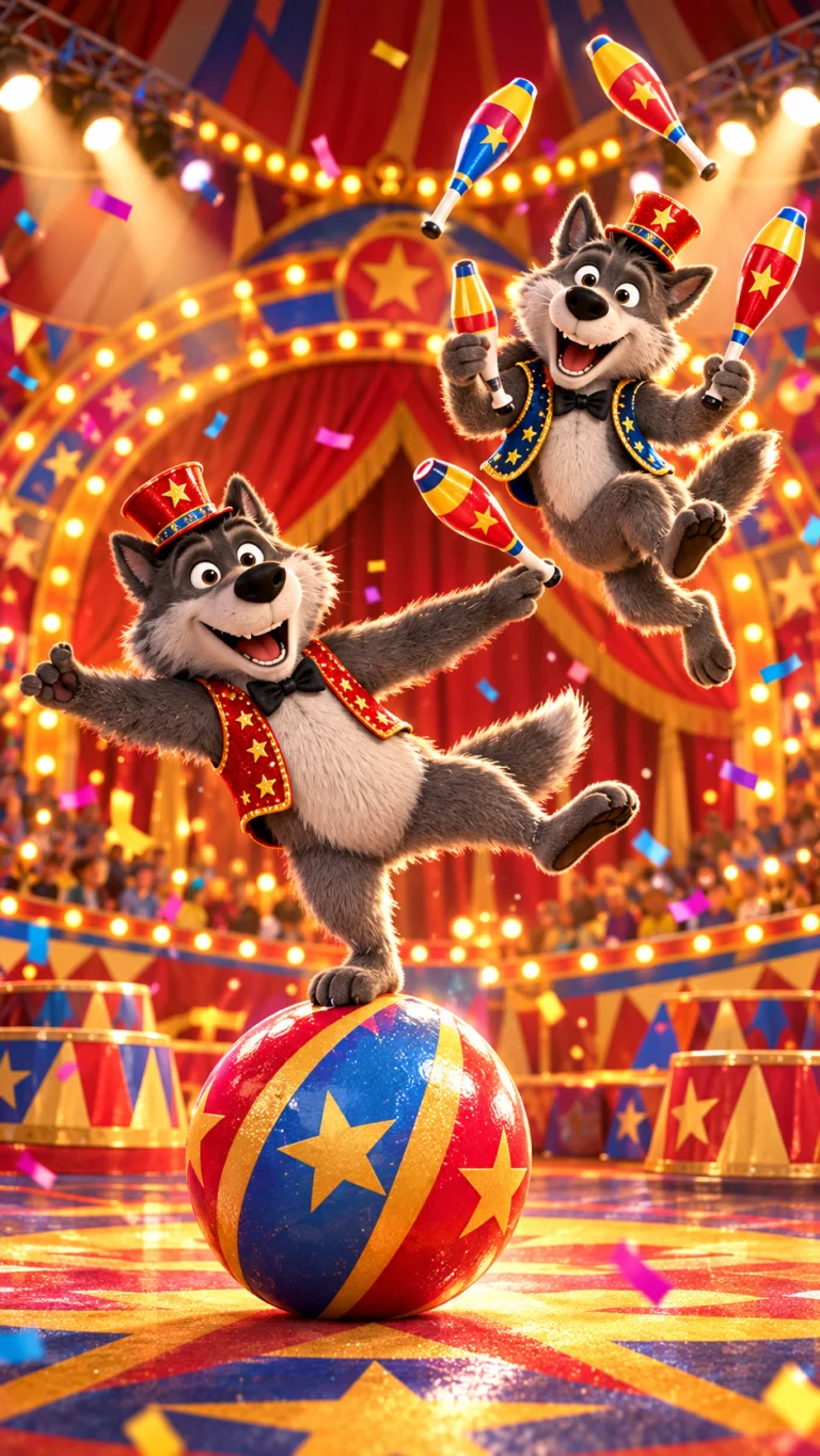 Lobos acróbatas jugando en el circo