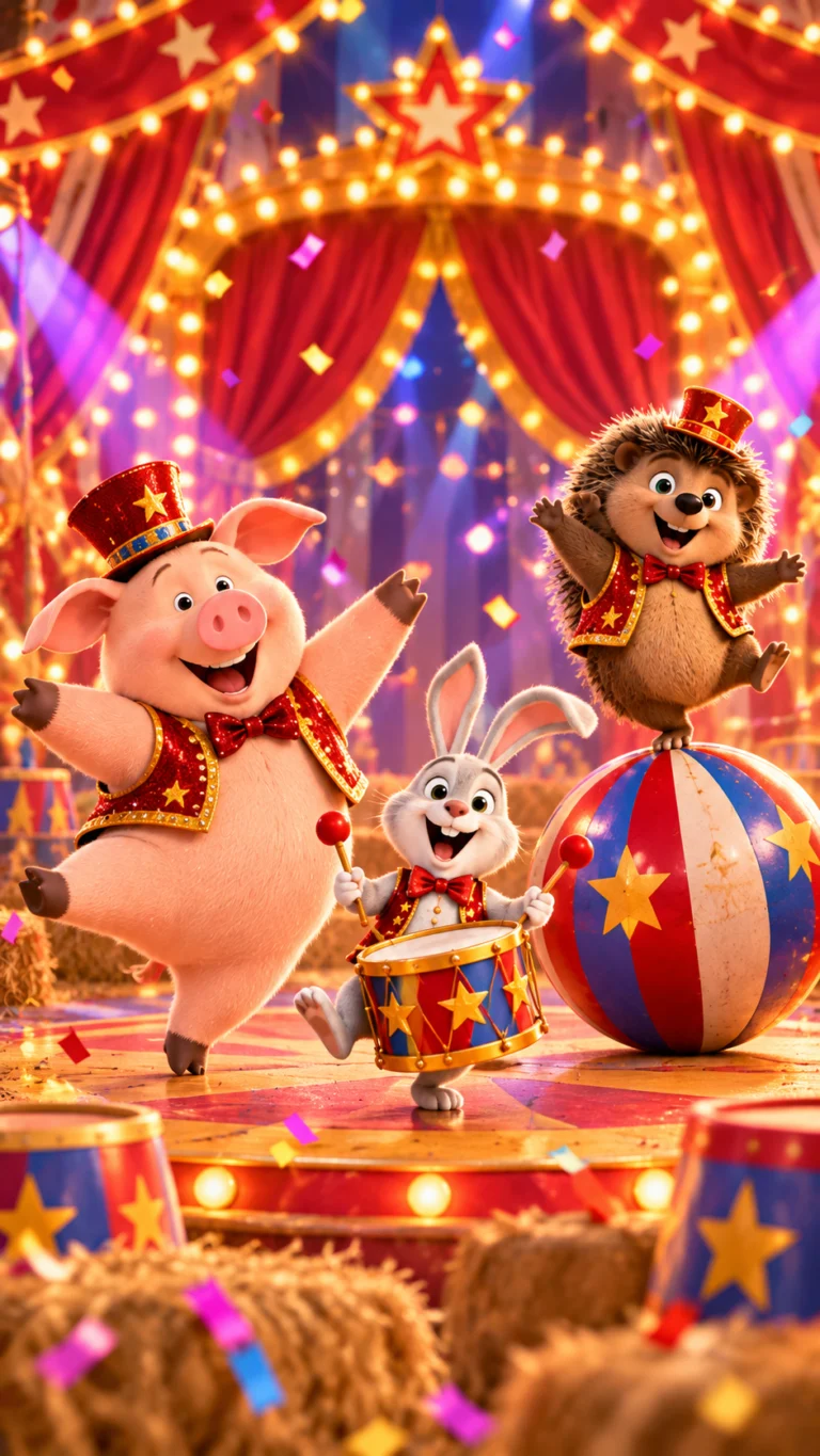 Cerdito, conejo y erizo celebrando en el circo