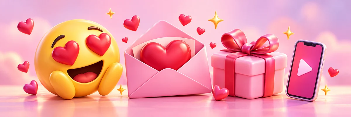 Emoji enamorado, una carta, un regalo y un celular con video